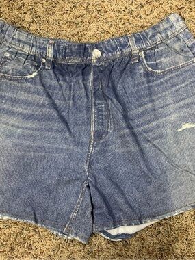 High-Rise Blue Soft Terry cloth Denim Jean Shorts with Elastic Waistband